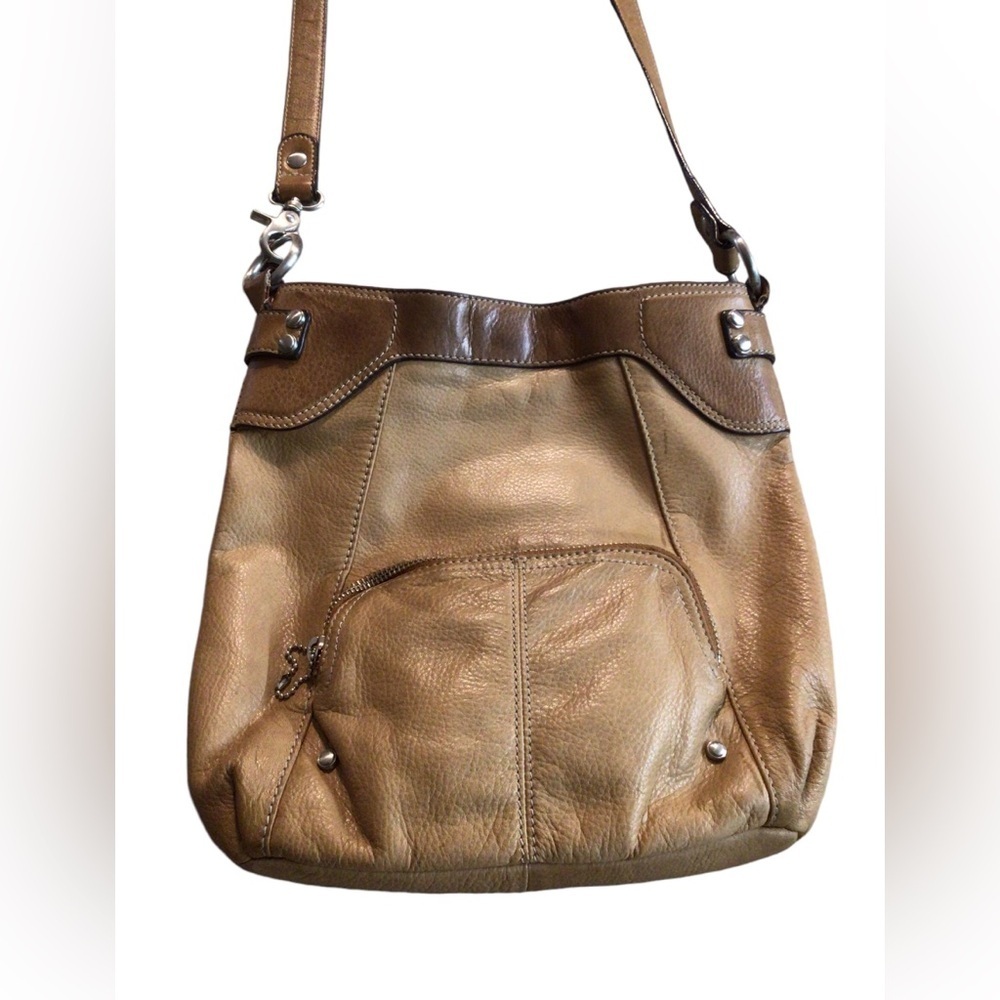 B. Makowski Crossbody Leather Bag Purse Two Tone Brown Magnetic Closure